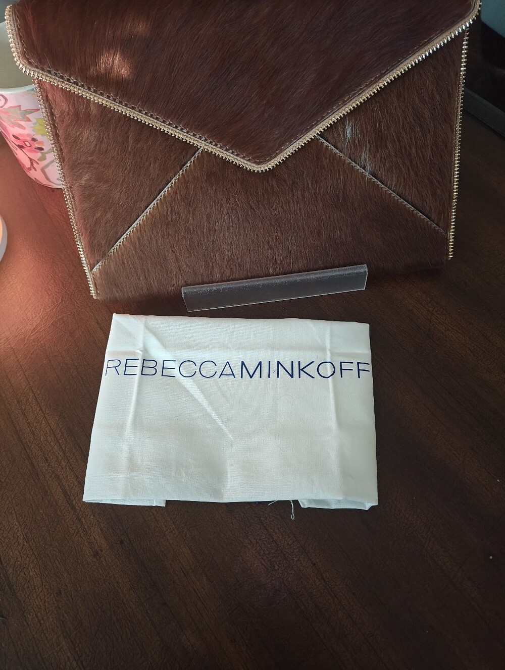 Rebecca Minkoff Calf Hair Envelope Clutch in Brown with Gold Trim - Picture 9 of 10